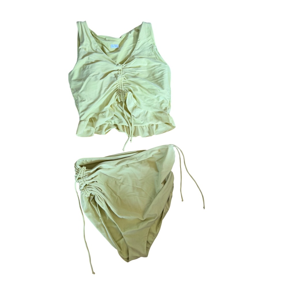 June Loop Pale Yellow Ruched Drawstring Tankini High Waist Bikini Set XL